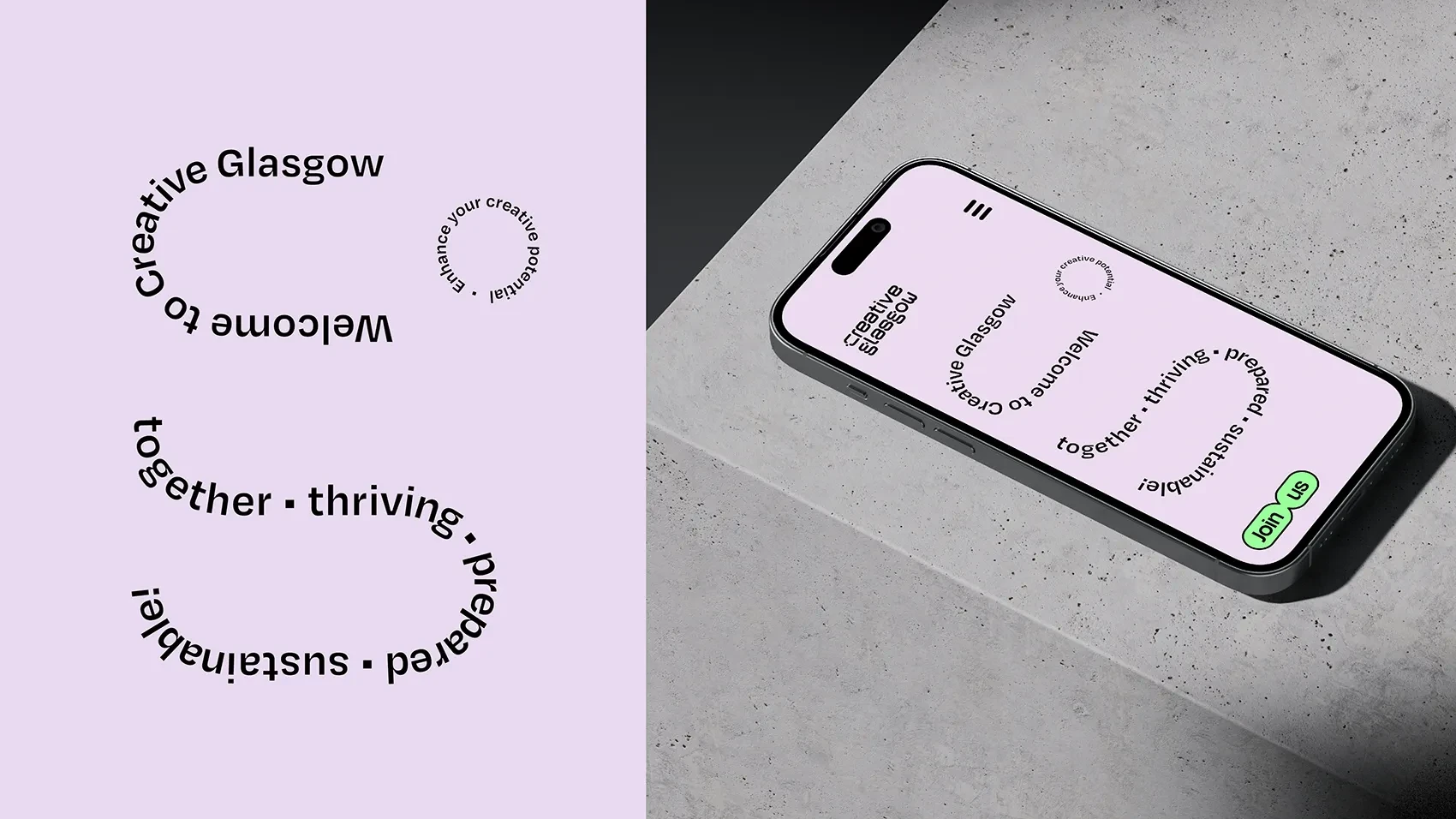 Examples of Creative Glasgow design following curves, displayed on a phone mock-up